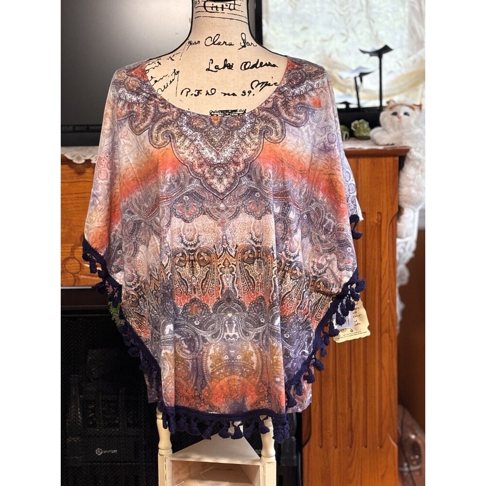 NEW! One World Printed FringyTrim Tunic Size 1X